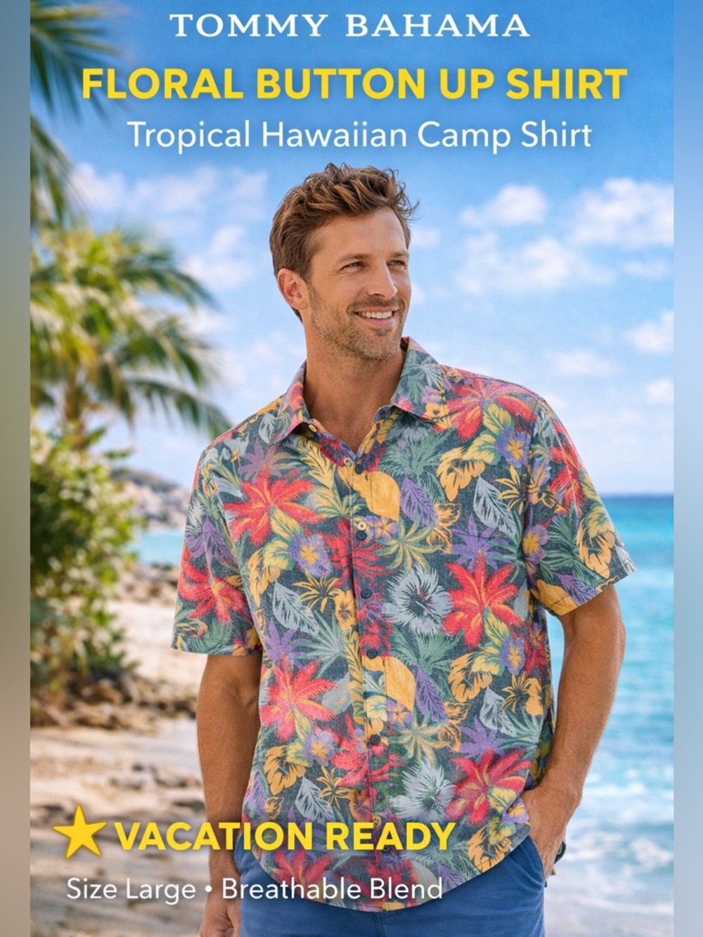 Tommy Bahama Floral Button Up Shirt Sz L Tropical Hawaiian Camp Shirt